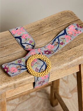 POL Embroidered Floral Fabric Belt with Beaded Buckle - NWT